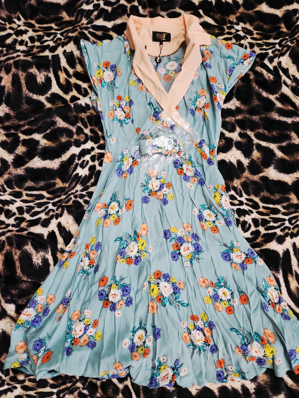 Light Blue Floral Midi Wrap Dress with Cream Collar - Women